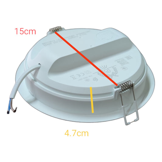 Round white light fixture with measurements on a white background
