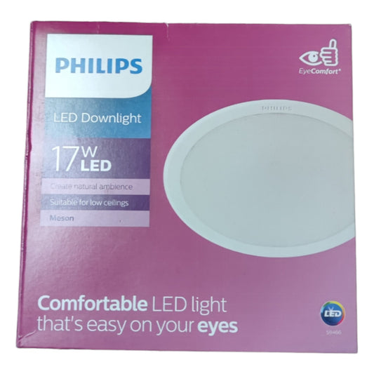 Philips LED Downlight packaging with purple background and white light fixture illustration.