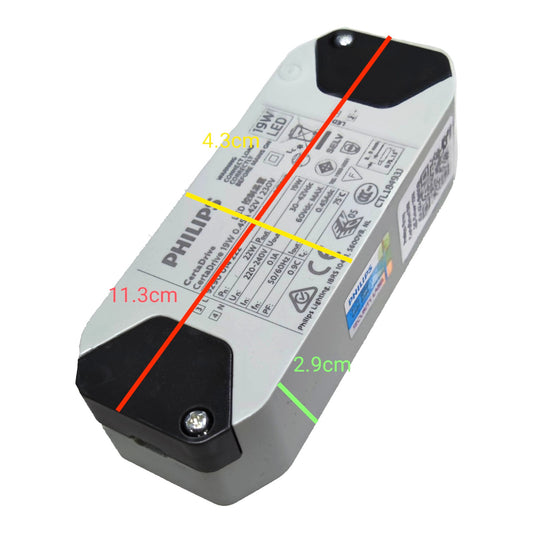 A Philips LED driver power supply with overlaid red, yellow, and green dimension lines and text showing measurements of 11.3cm, 4.
