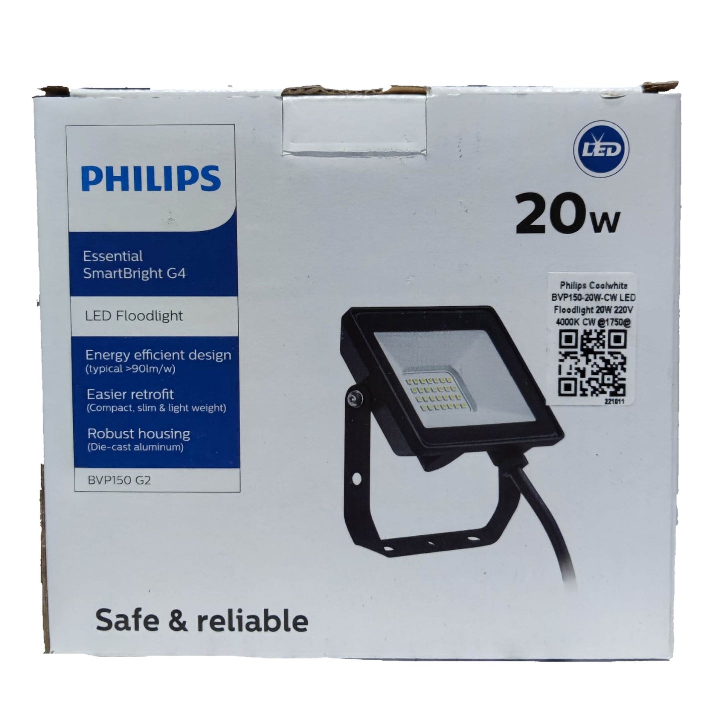 Philips LED floodlight packaging with specifications on a white background