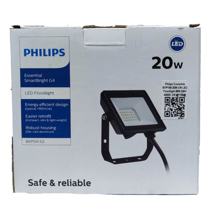 Philips LED floodlight packaging with specifications on a white background