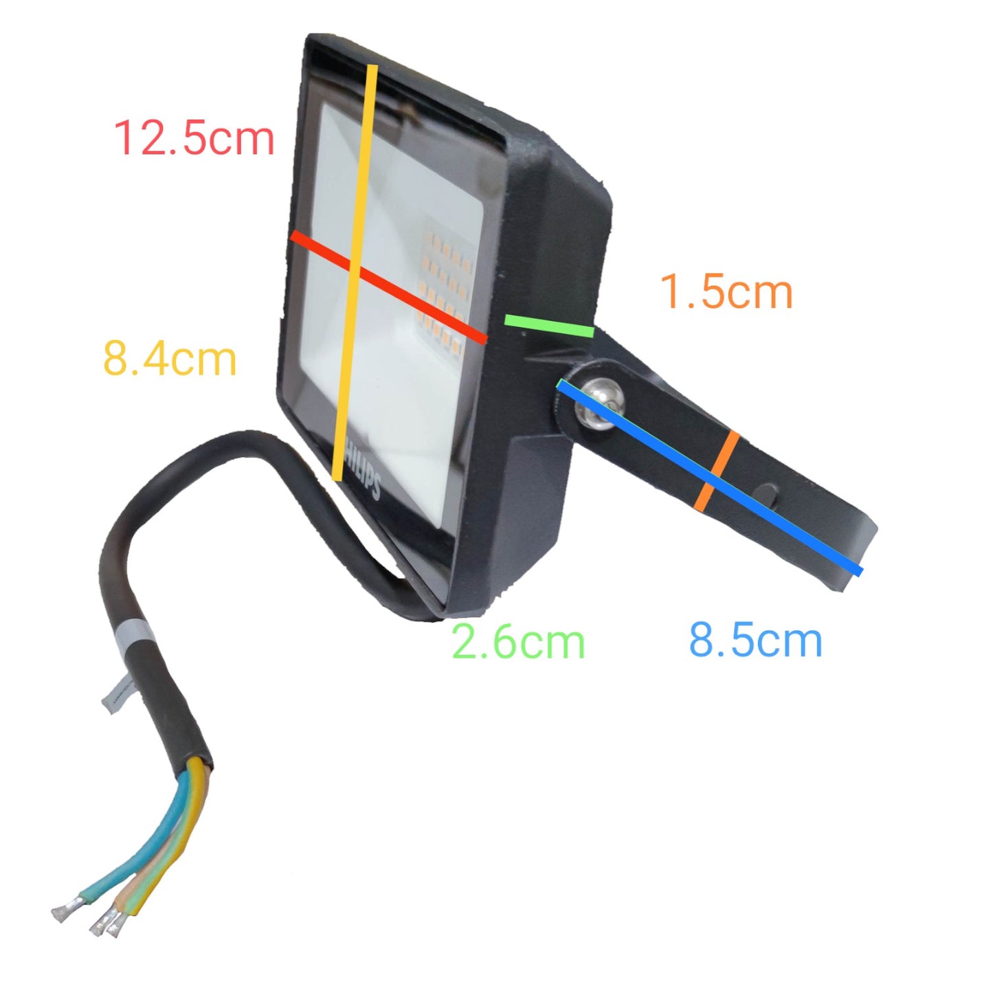 Measurement chart of a black electronic component with labeled dimensions on a white background