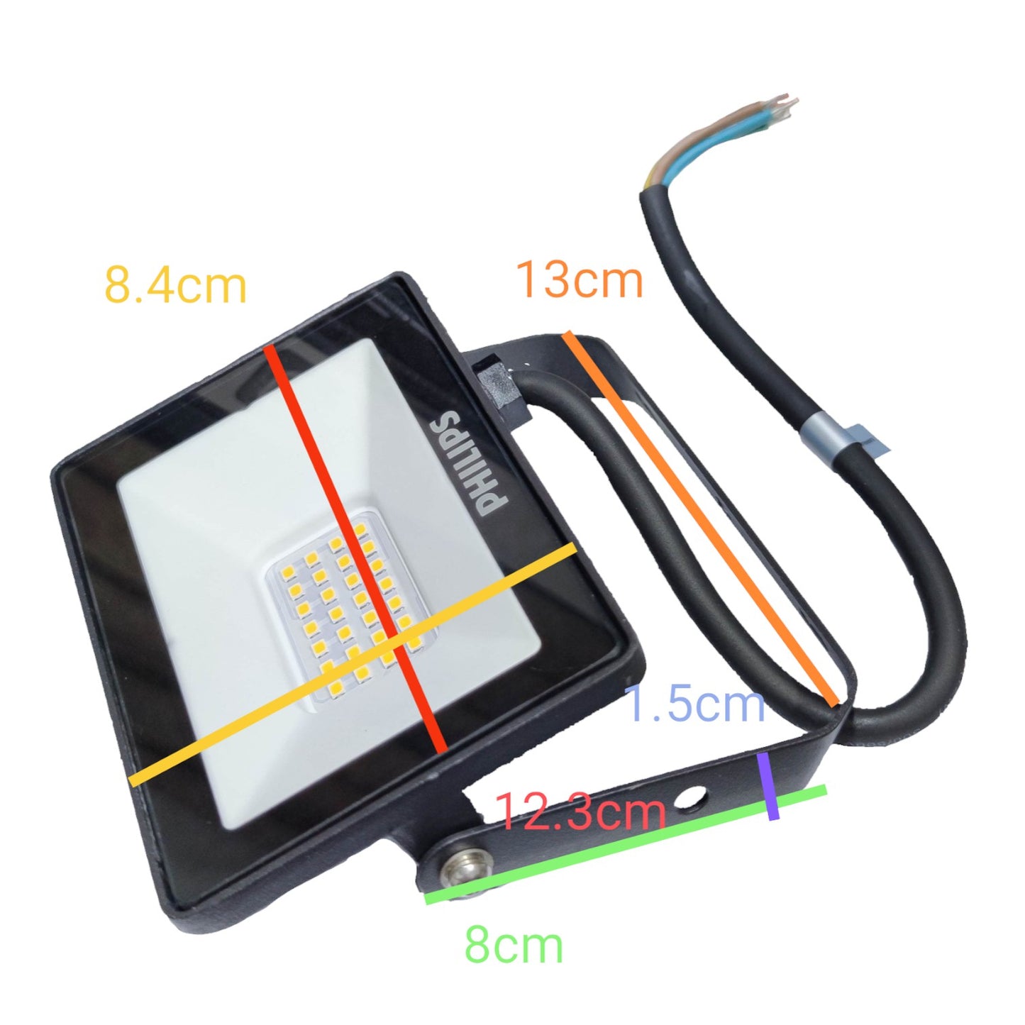 LED flood light with dimensions labeled on a white background
