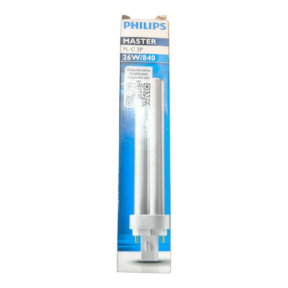 Philips Master PL-C 2P fluorescent light bulb packaging on a white background Philips 26W Pinlight Cool White 4000K GD24d-2 CFL Compact Fluorescent Lamp PLC2P26W/840 Electx Electrical Supply