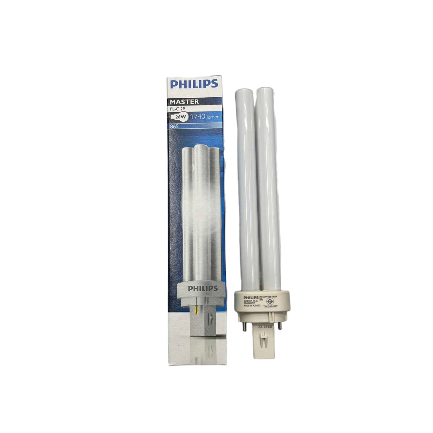 Two Philips light bulbs with packaging on a white background Philips 26W Pinlight Daylight 6500K GD24d-2 CFL Compact Fluorescent Lamp PLC2P26W/865 Electx Electrical Supply