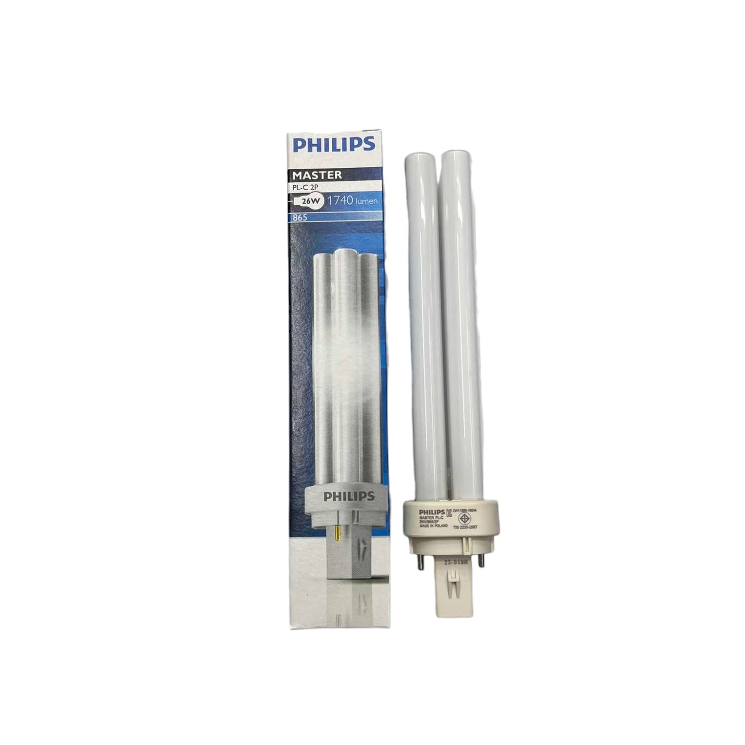 Two Philips light bulbs with packaging on a white background Philips 26W Pinlight Daylight 6500K GD24d-2 CFL Compact Fluorescent Lamp PLC2P26W/865 Electx Electrical Supply