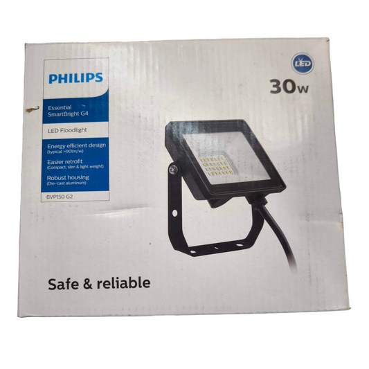 Philips LED floodlight packaging with specifications on a white background