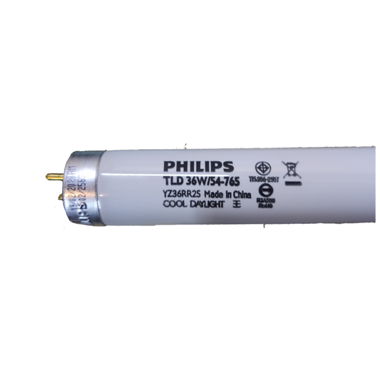 Close up of Philips 36W T8 fluorescent tube daylight. White T8 lamp end cap with printed Philips branding and specs