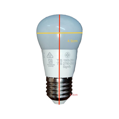 Philips 3W LED bulb E27 daylight design with a rounded top and included dimensions for easy reference