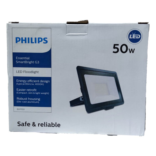 Philips LED floodlight packaging with specifications on a white background