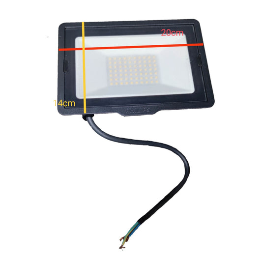 LED flood light with dimensions marked on a white background