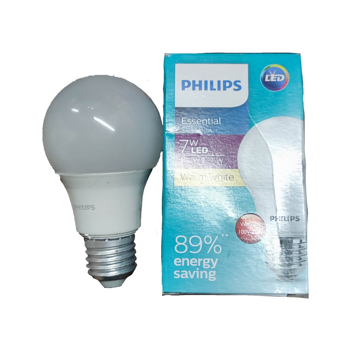 Philips 7W LED bulb E27 warm white in packaging, energy saving and ideal for home lighting