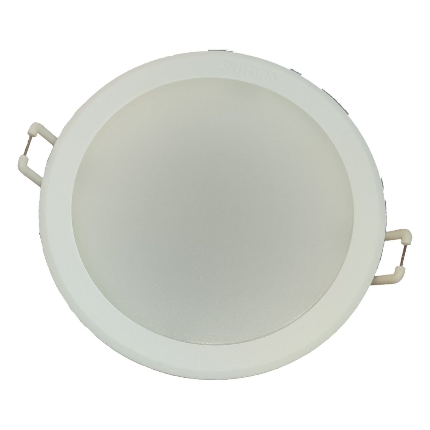 Round white ceiling light fixture on a white background