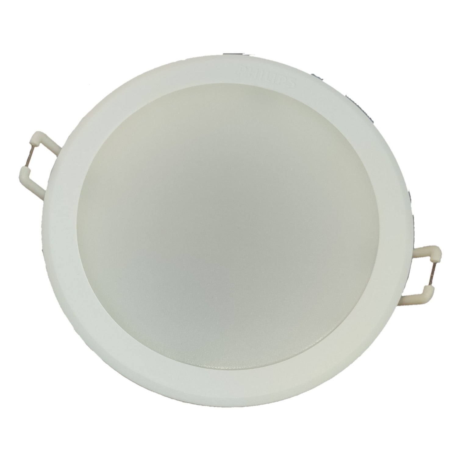 Round white ceiling light fixture on a white background