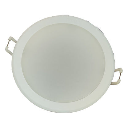 Round white ceiling light fixture on a white background
