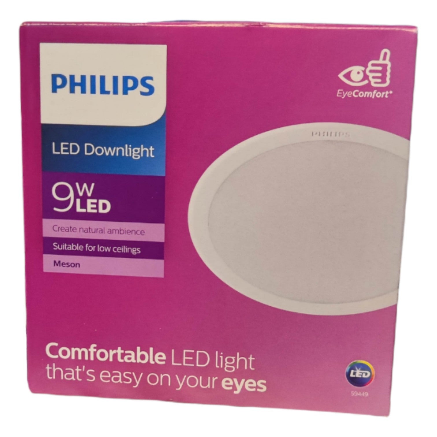 Philips LED Downlight packaging with pink background and product image.