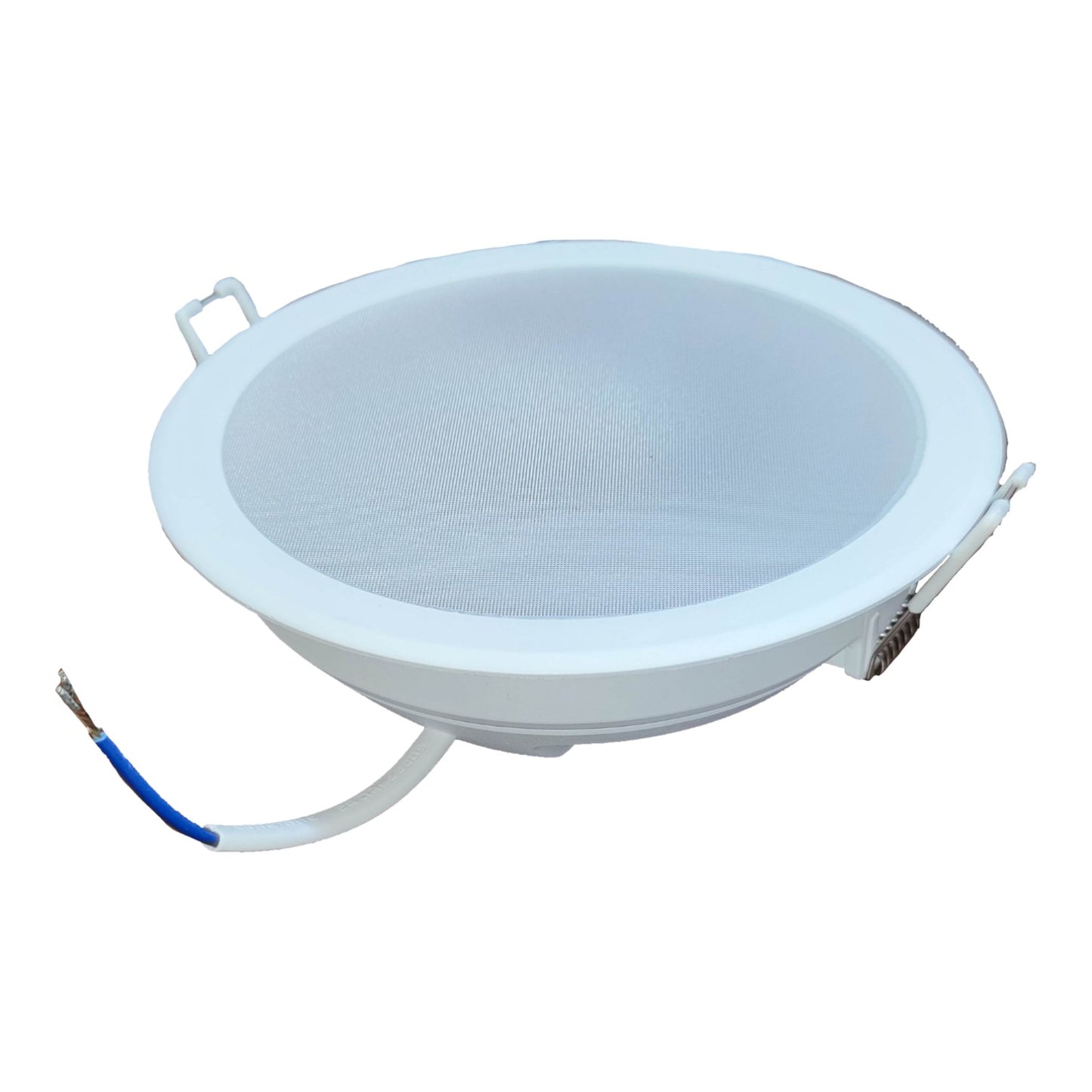 White round light fixture with wiring on a white background
