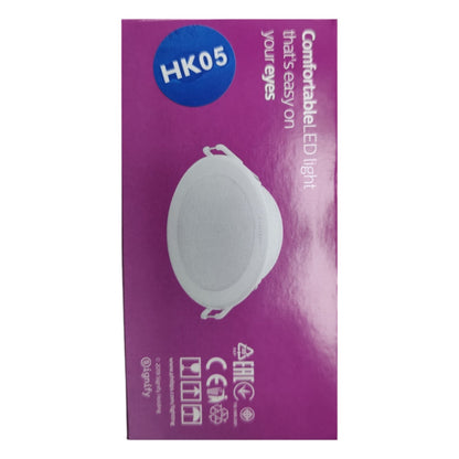 Purple packaging of a LED light bulb with 'HK05' branding on a white background