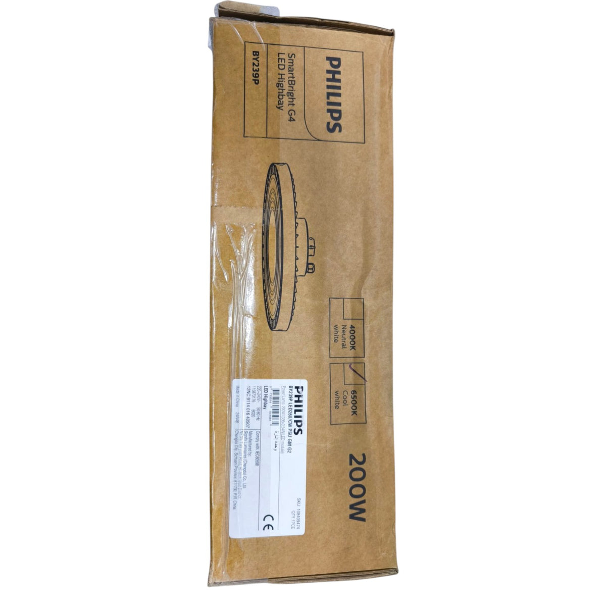 Philips 200W UFO LED High Bay Light packaging label with specifications