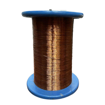 Spool of brown wire on a blue plastic reel against a white background