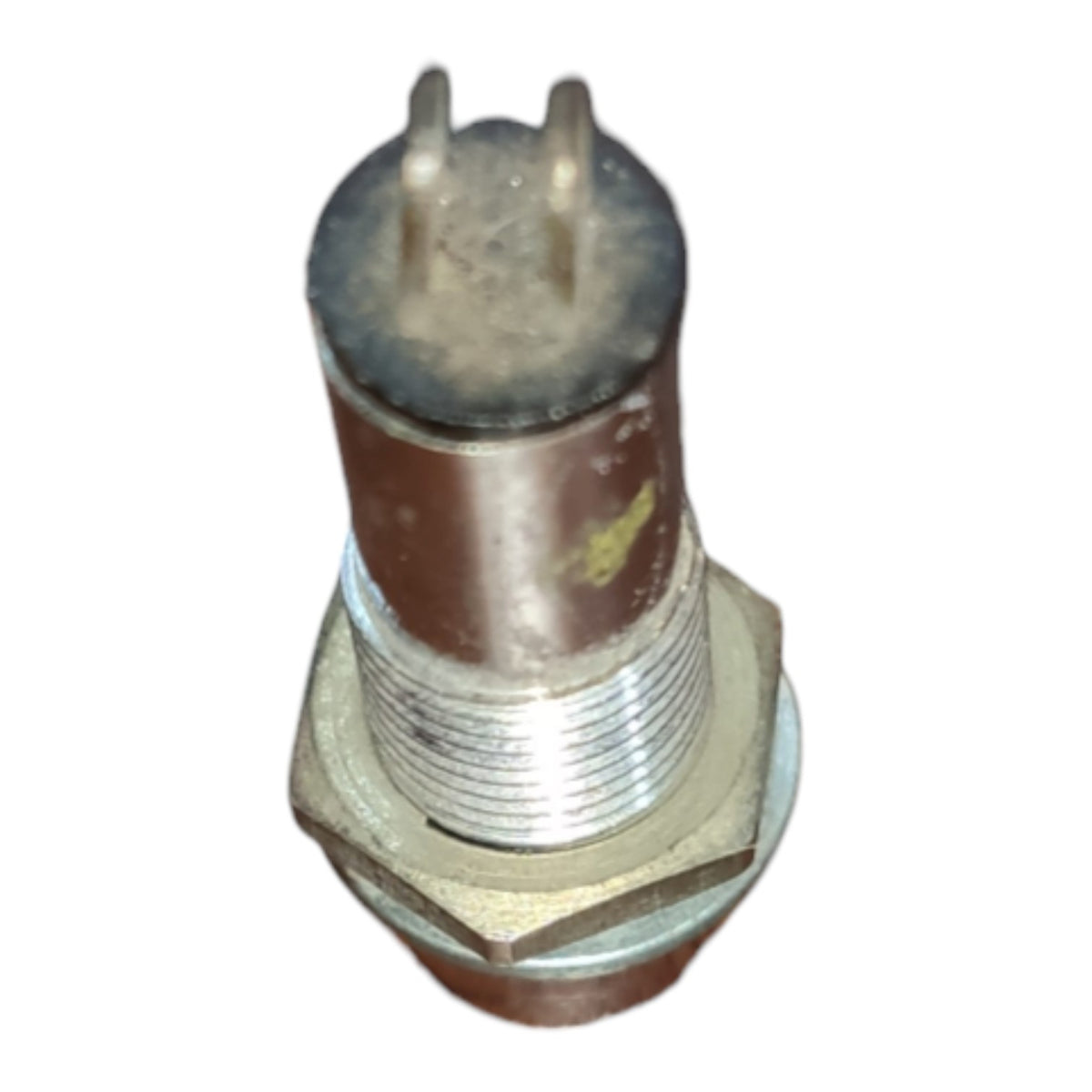 A small cylindrical metal component with a hex nut base, threaded body, and two pins on top, shown on a plain white background.