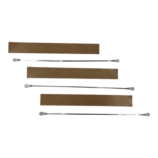 Four brown rectangular leather-like strips and four long silver metal rods with round ends, arranged on a plain white background.