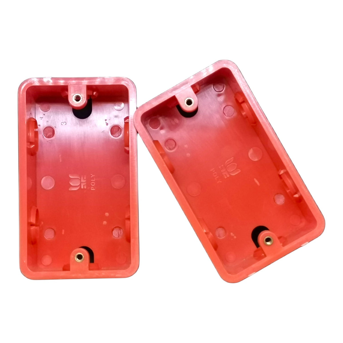 Two red plastic rectangular battery compartment cases shown on a plain white background.