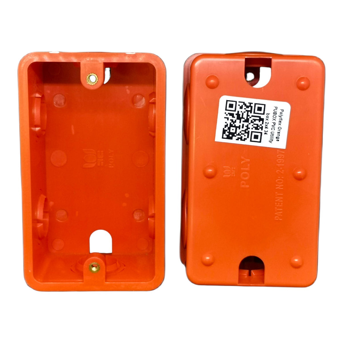 Two orange plastic electrical junction boxes shown side-by-side on a white background, displaying the front mounting cavity and the back with a QR code label.