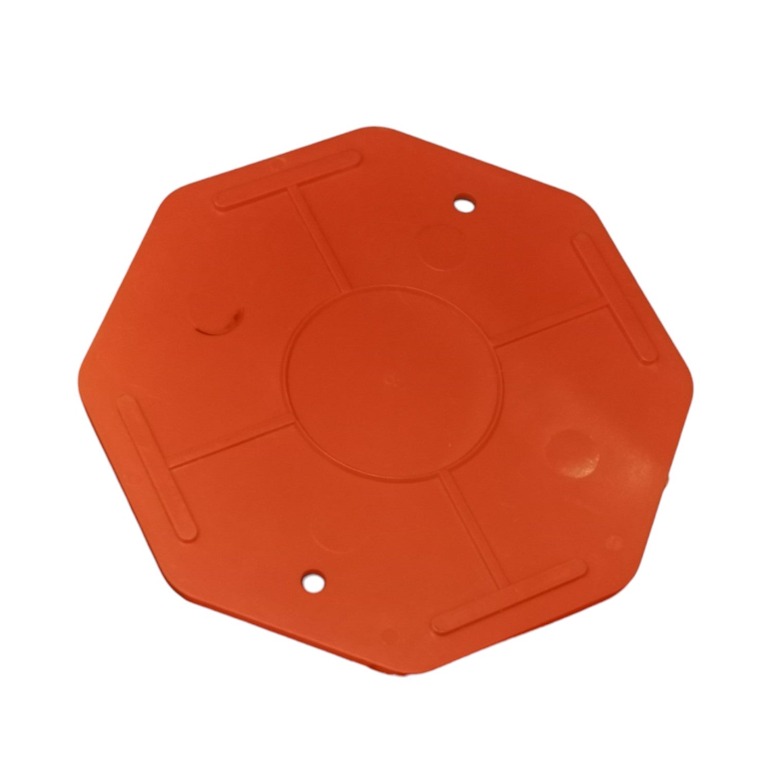 An orange octagonal plastic float or buoy with molded structural details and two small holes, shown on a plain white background.