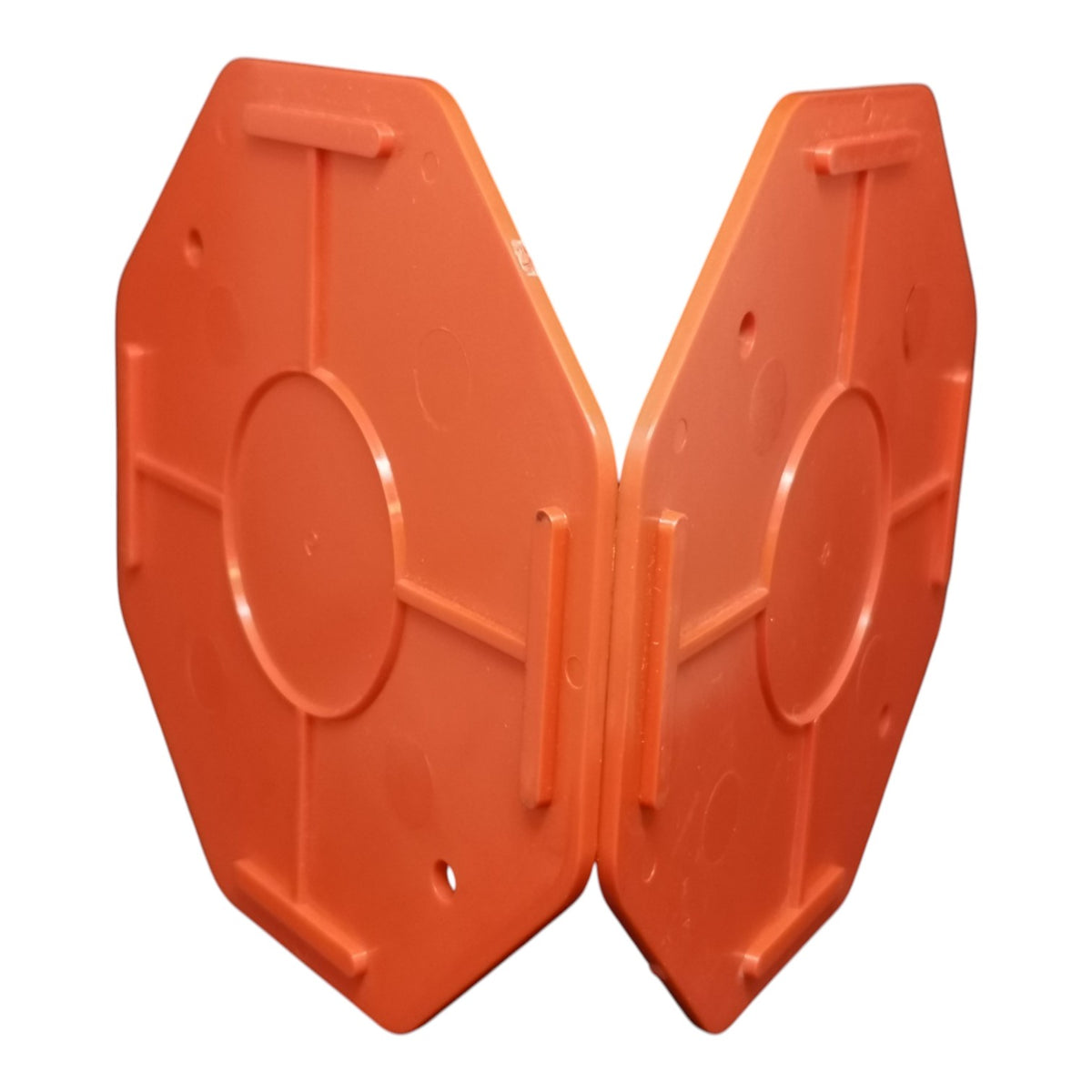 A pair of bright orange plastic octagonal barriers or bumpers shown open against a plain white background.