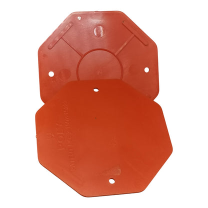 Two orange-red octagonal plastic pads or plates stacked on a white background, showing both sides with molded details and screw holes.