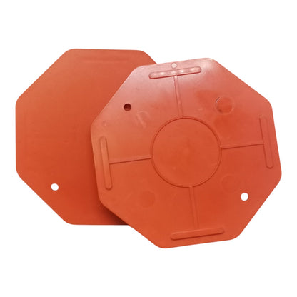 Two orange-red octagonal plastic buoyancy floats or markers shown on a plain white background.