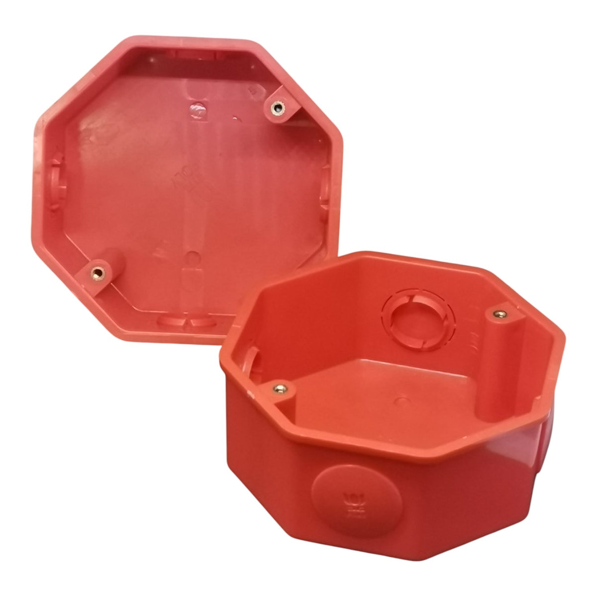 Two red plastic octagonal electrical junction boxes shown on a plain white background, one open and one closed.
