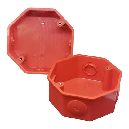Two red plastic octagonal electrical junction boxes shown on a plain white background, one open and one closed.