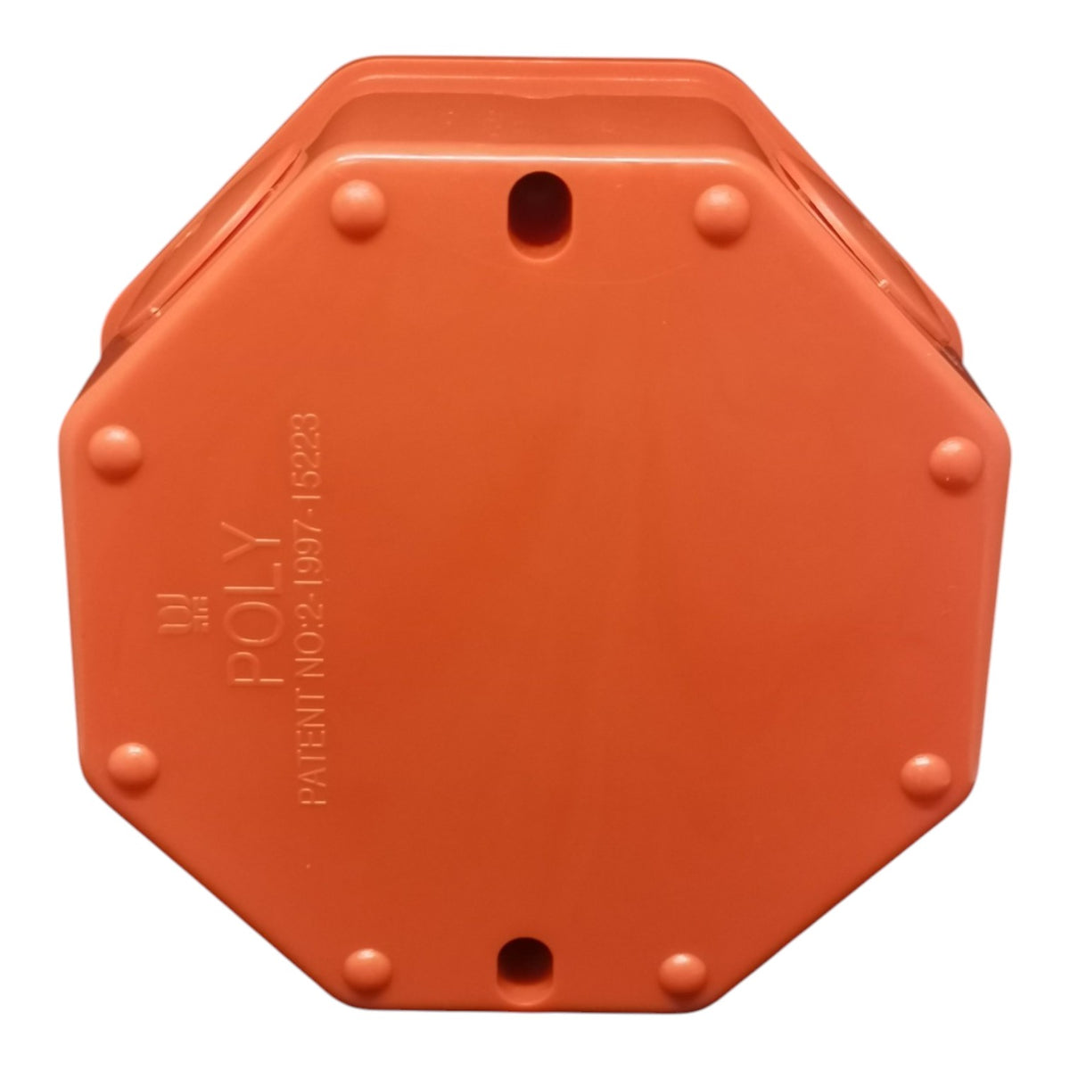 An orange octagonal plastic component, likely a marine or industrial fitting, featuring raised circular bumpers around the perimeter, mounting holes, and embossed text reading 'POLY' and patent numbers.