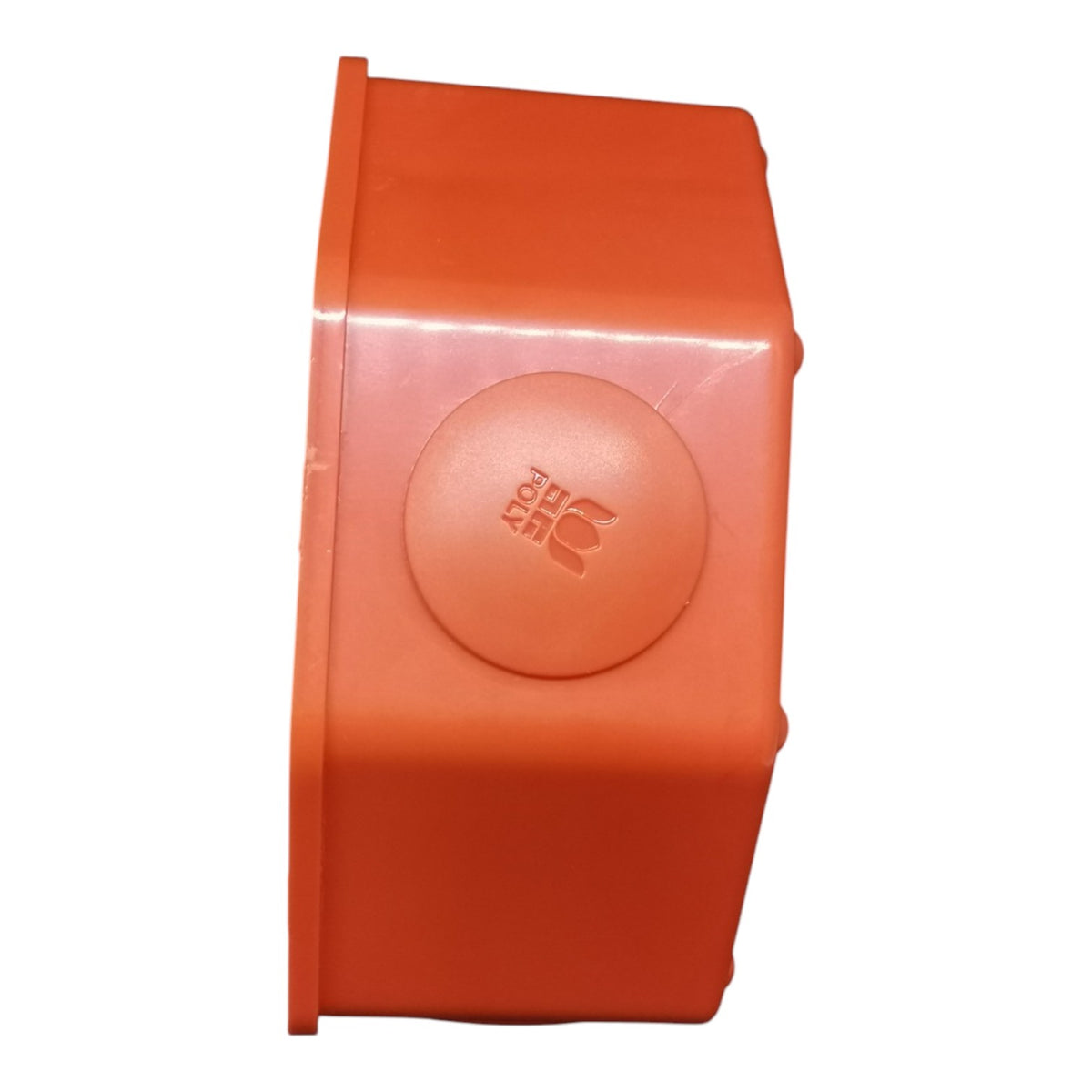 An orange plastic component, likely a protective cover or housing, featuring a circular recessed button with a stylized logo on the side, set against a plain white background.