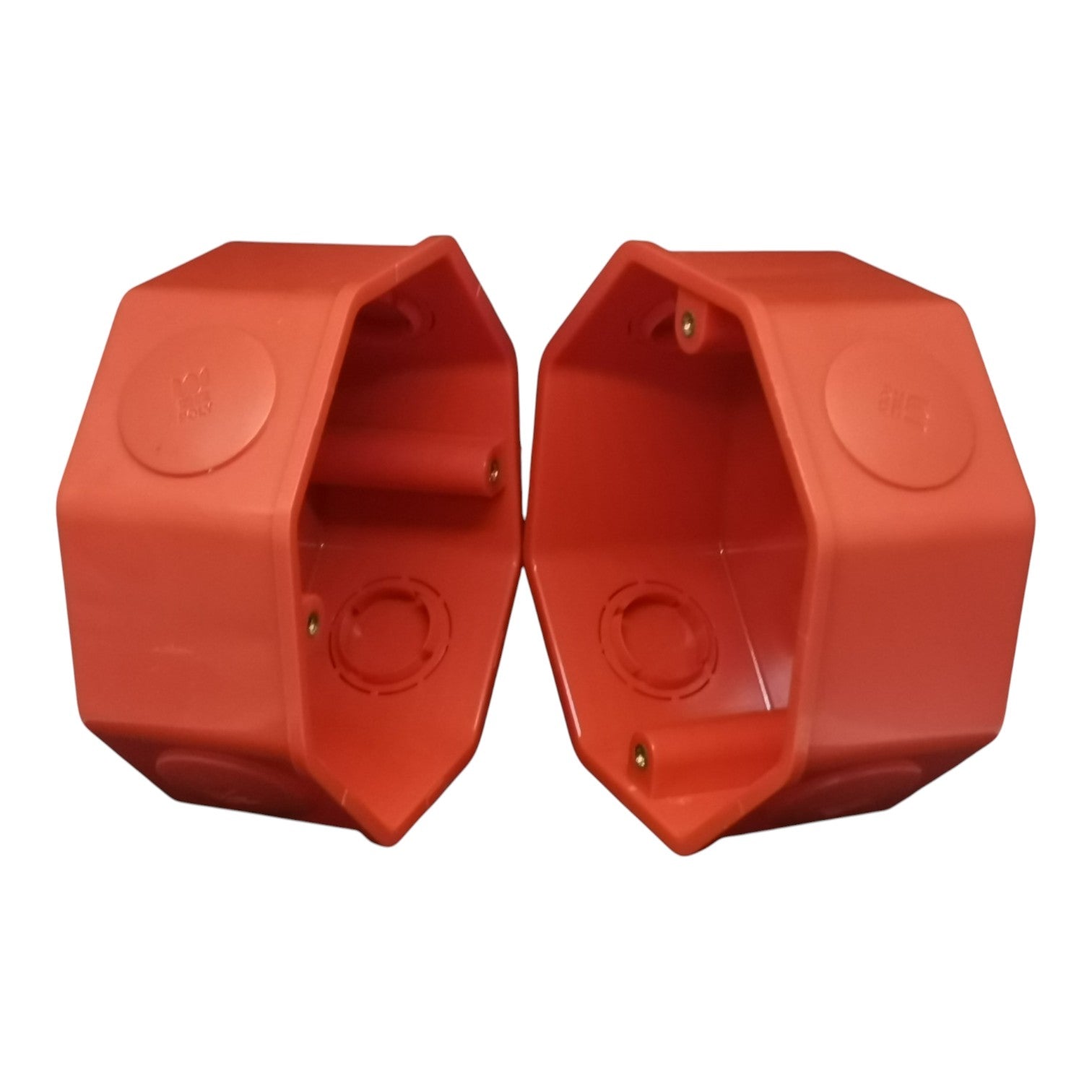 Two red plastic electrical junction boxes shown side-by-side on a plain white background.