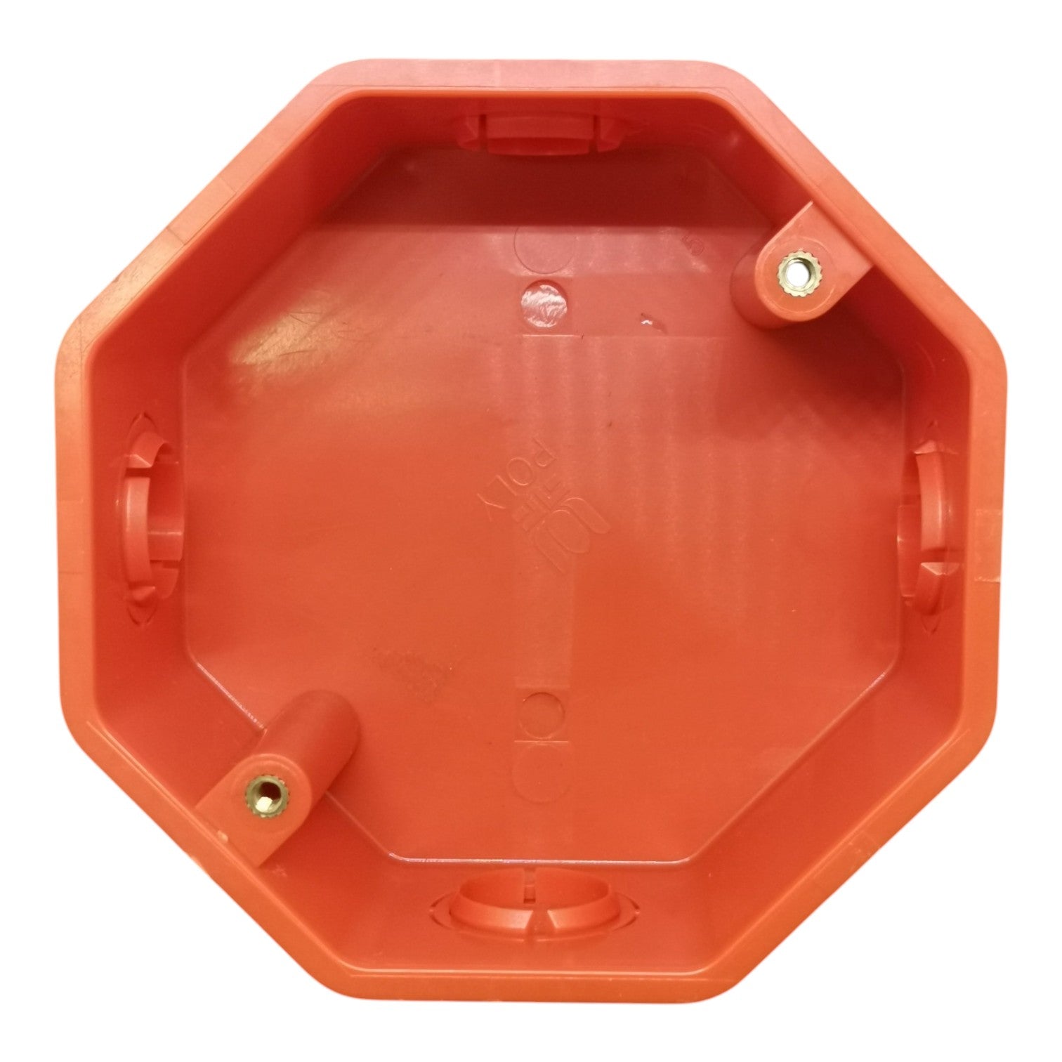 An orange octagonal plastic junction box or electrical terminal housing, shown from a top-down perspective on a white background.