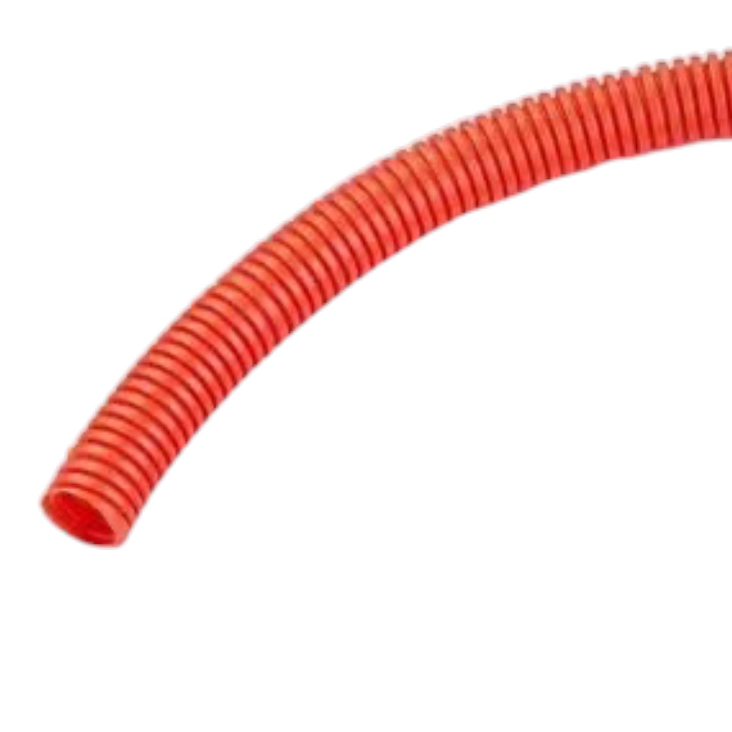 A bright orange-red corrugated plastic hose or tube shown in a curved arc on a plain white background.