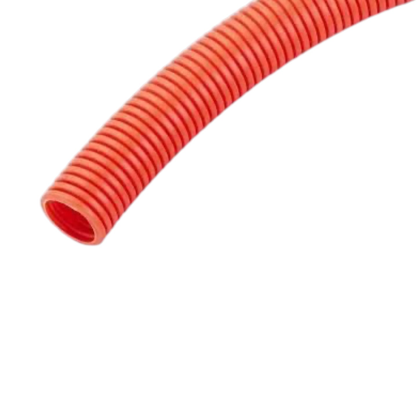 A close-up of a bright orange-red corrugated plastic tube or hose segment on a plain white background.