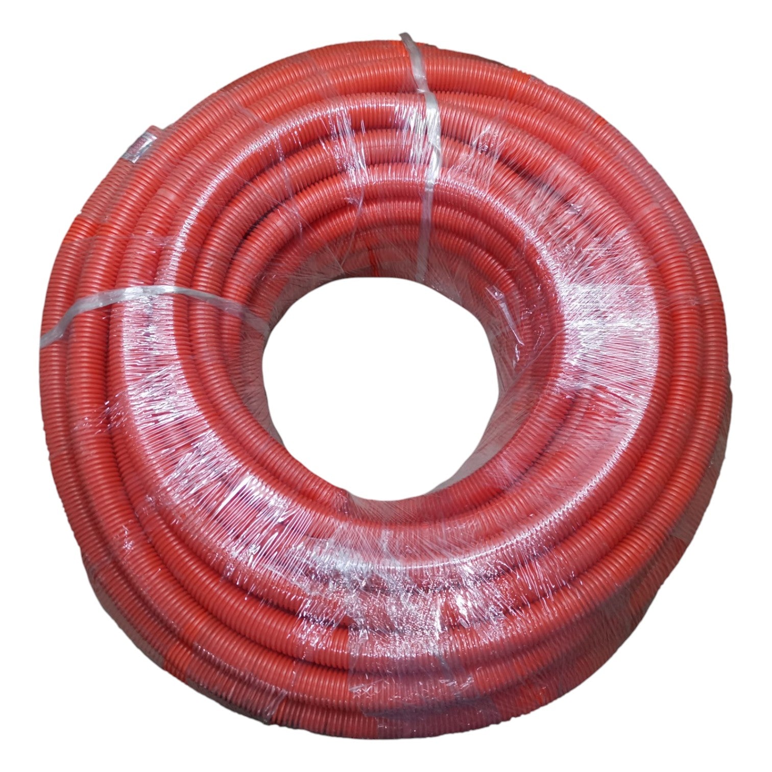 Coiled red hose on a white background