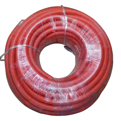 Coiled red hose on a white background