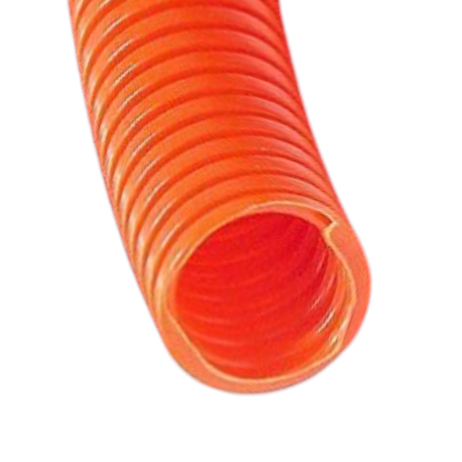 An orange corrugated flexible hose or tube shown diagonally on a plain white background.