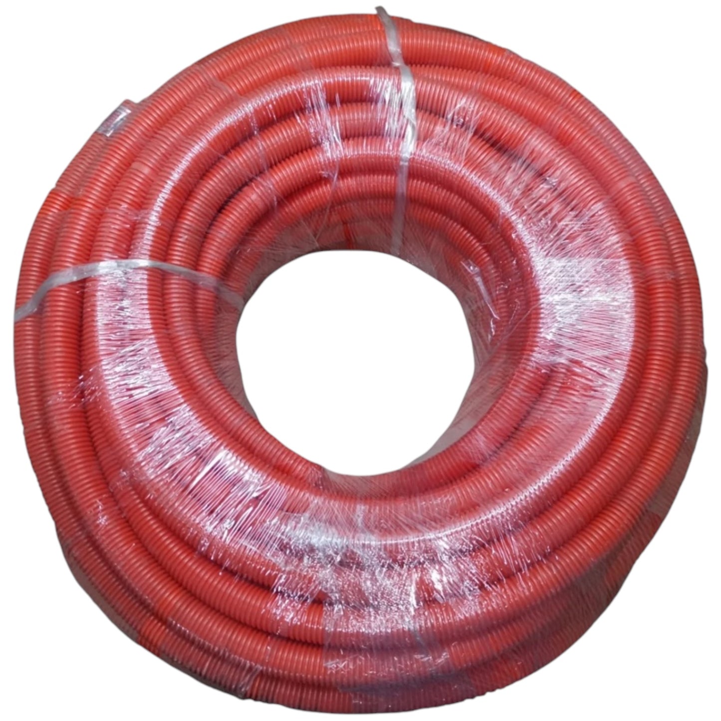 A coiled red corrugated hose or pipe section wrapped in clear plastic on a plain white background.