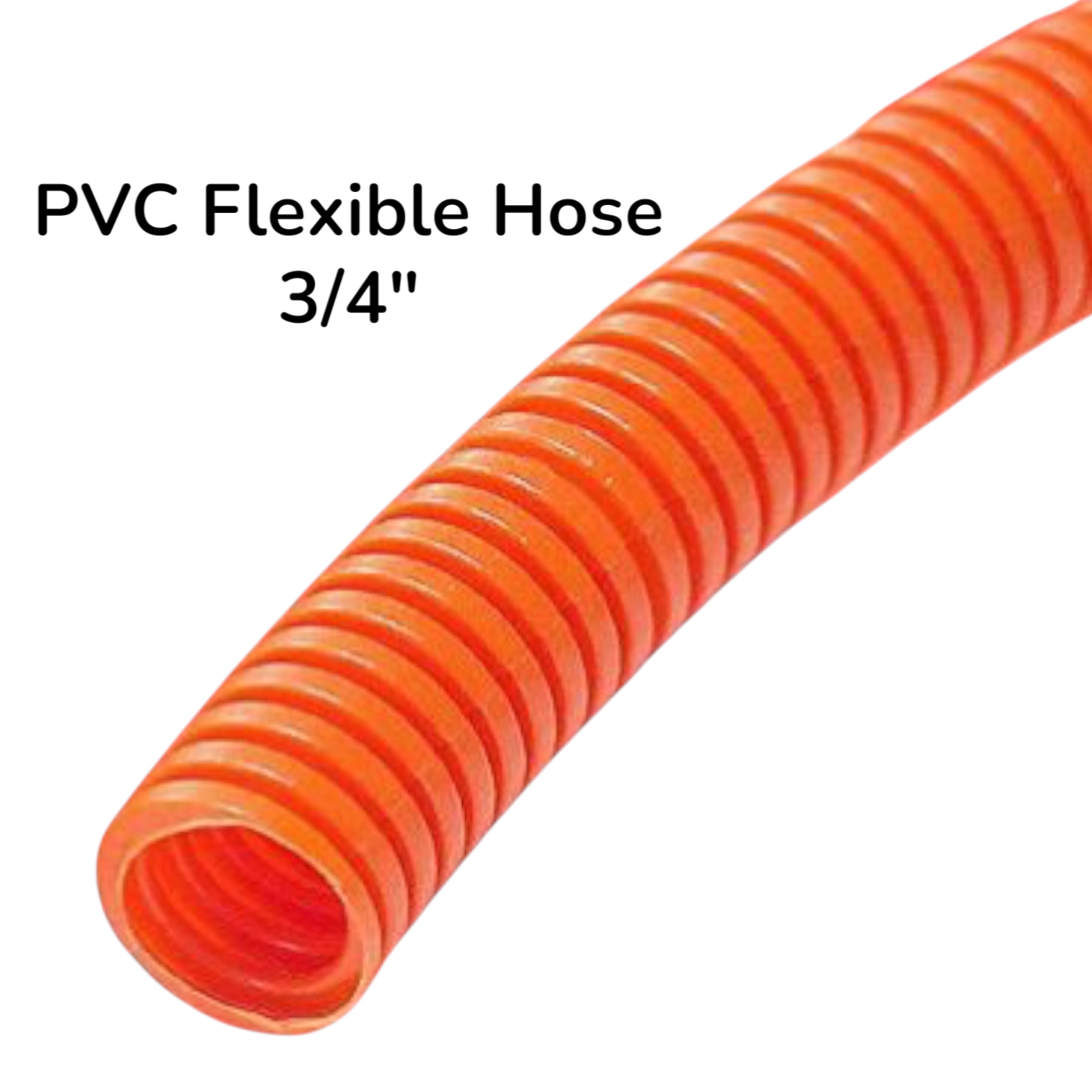 An orange corrugated PVC flexible hose, 3/4 inch diameter, shown on a white background with black text overlay reading 'PVC Flexible Hose 3/4"'.