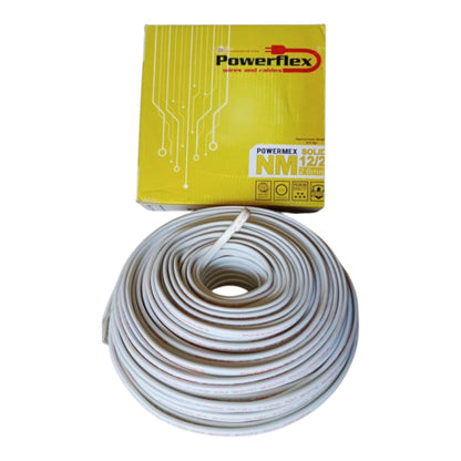 A coiled roll of white Powerflex NM12 cable with its yellow branded packaging box, shown on a plain white background.