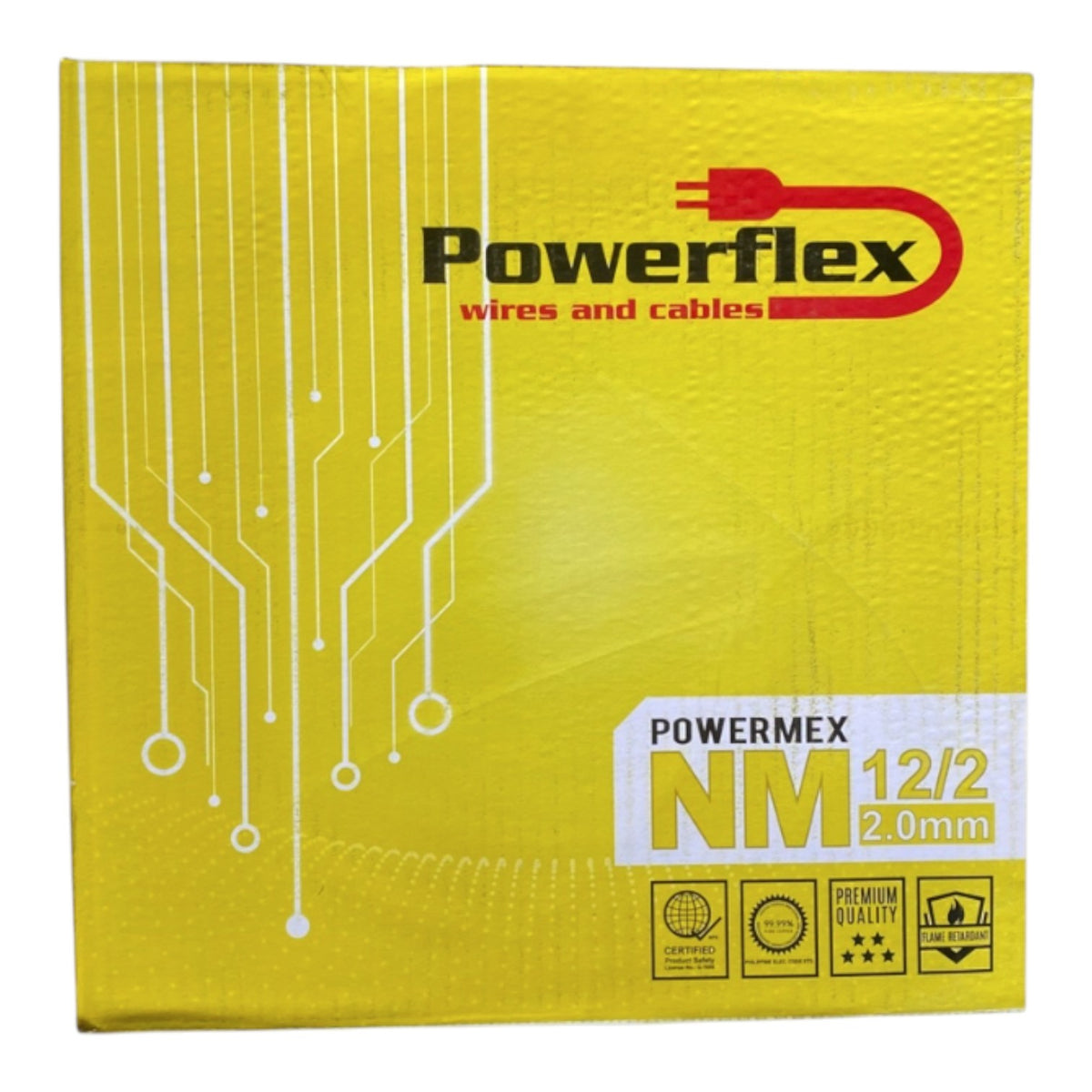 Yellow Powerflex NM 12/2 (2.0mm) wire and cable packaging box with white circuit board graphics and red brand logo.