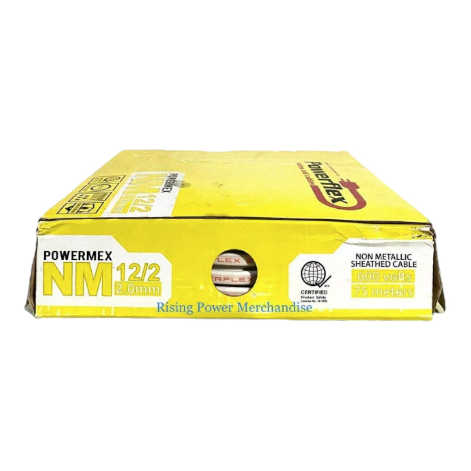 A yellow box of PowerMex NM 12/2 2.0mm non-metallic sheathed cable, shown against a plain white background.