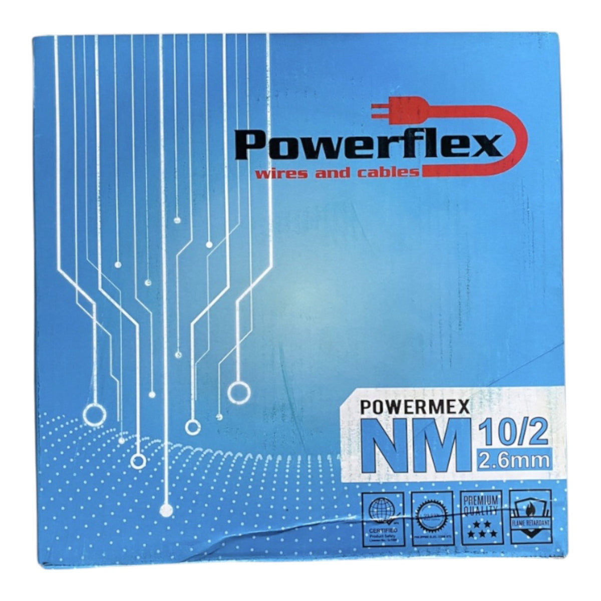 Blue Powerflex wires and cables POWERMEX NM 10/2 2.6mm wire packaging box with white circuit board graphics and a red power plug logo.
