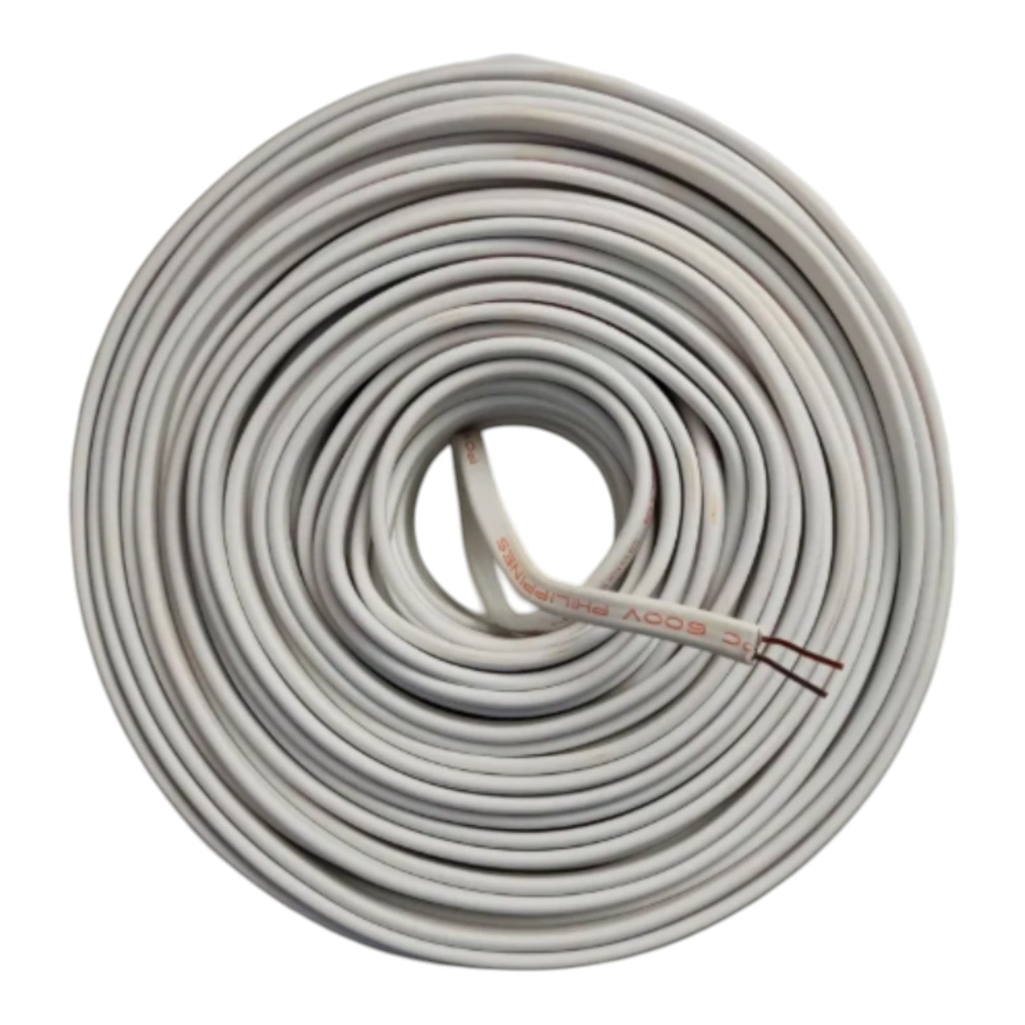 A coiled roll of light gray electrical wire or cable with two exposed copper-toned导体 ends visible, isolated on a white background.